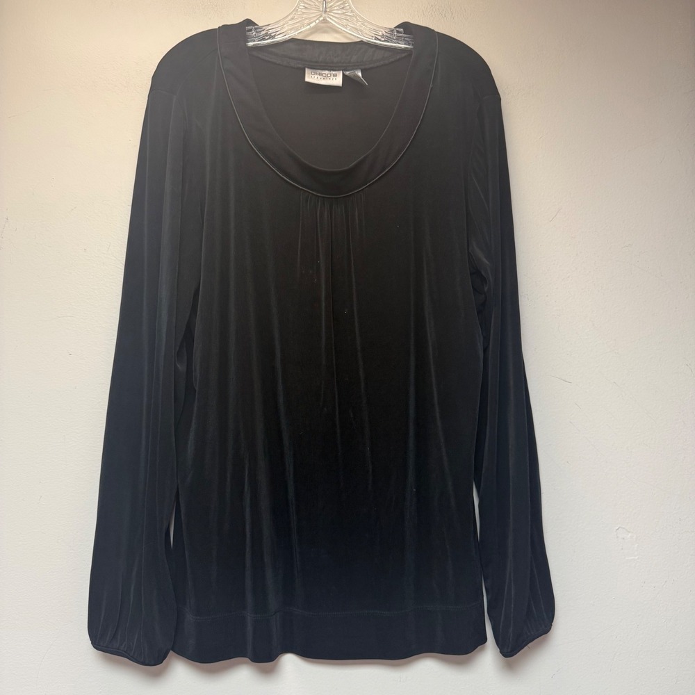 Chico's Travelers Top Women Size 3 Black Excellent Long Sleeve Pleated Scoop